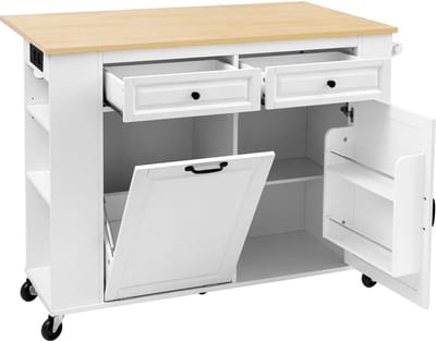 Keukeneiland met wielen - Uitschuifbaar werkblad en eettafel - Kast met lades en opbergruimte voor afvalbak - Verrijdbare keukenwagen - Wit