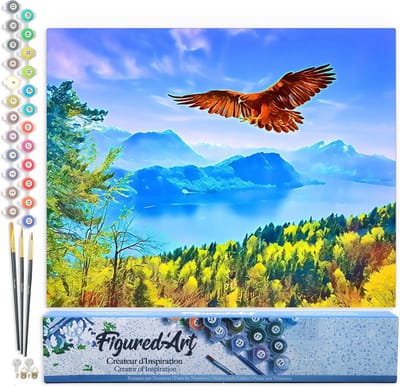Figured'Art Schilderen op Nummer Volwassenen canvas Adelaar en Zwitsers landschap - Handwerk acrylverf Kit DIY Compleet - 40x50cm zonder frame