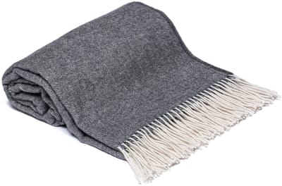 Wollen deken van 100% Zuivere Merinowol, 140x200cm, Donkergrijs/Wit I Zachte, Eenkleurige Deken van Schurwol met Visgraatpatroon en Fransen I Perfect als Overslag Sofadek, Bedspread
