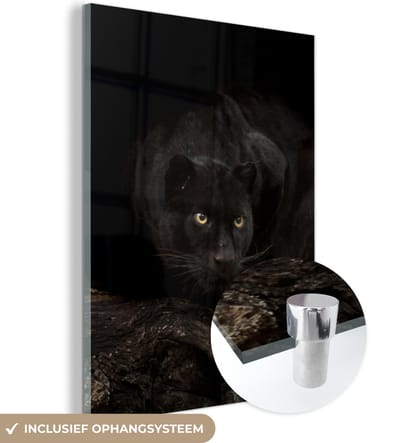 MuchoWow® Glasschilderij 120x160 cm - Schilderij acrylglas - Panter - Bos - Ogen - Foto op glas - Schilderijen