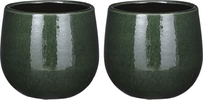 Mica decorations Plantenpot - 2x stuks - keramiek - donkergroen - glans/spotted- D14 x D12 cm