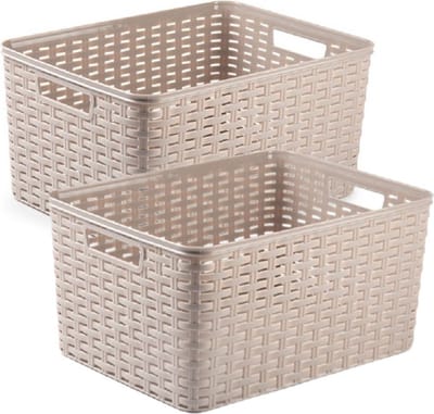 2x stuks rotan gevlochten opbergmand/opbergbox kunststof - taupe - 38 x 28 x 19 cm - Kast mandjes