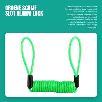 Dailygoods- Remschijfslot met Alarm - Kabelslot 1,2 m - Diefstalbeveiliging - PVC/Legering - Fluorescerend Groen - Buitendiameter 3,5 mm