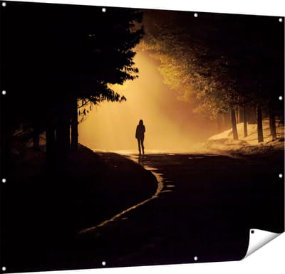 Gards Tuinposter Persoon op een Donkere Weg in het Bos - 150x120 cm - Tuindoek - Tuindecoratie - Wanddecoratie buiten - Tuinschilderij