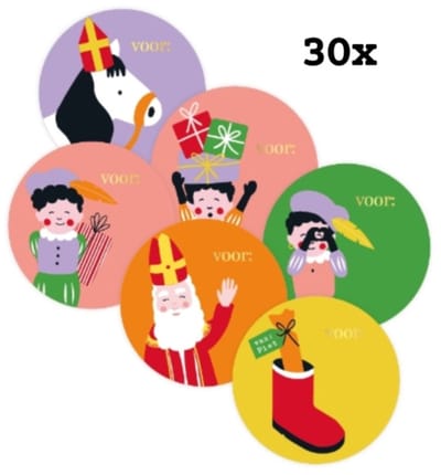 30x Stickers sint en Piet- naam - voor: - Sinterklaas cadeausticker- naamsticker van / voor multi color - sinterklaas - mijter - vrolijke sint stickers - schoencadeautje - gift - schoen zetten -uitdelen - pakjesavond - sluitzegel - sluitsticker