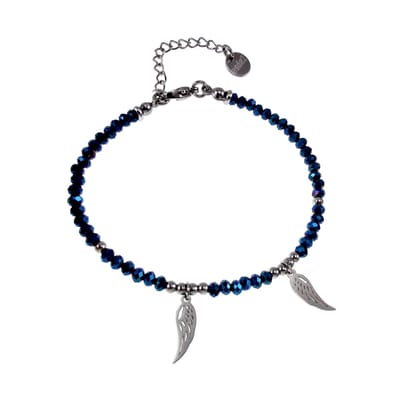 Gefacetteerde Metalic Blauwe Kristallen Armband met Engelenvleugelhanger, RVS, Dames - Verstelbaar 15cm-19cm