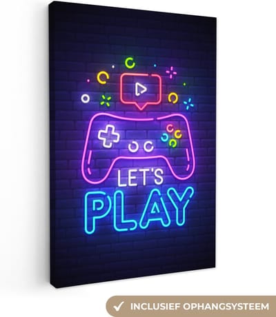 Canvas schilderij 20x30 cm - Wanddecoratie Gaming - Neon - Let's Play - Controller - Quotes - Muurdecoratie game room - Gaming kamer decoratie - Gameroom accessoires - Schilderijen
