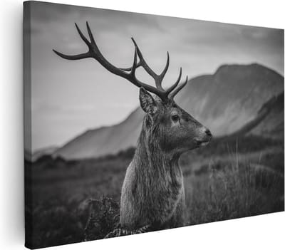 Artaza Canvas Schilderij Hertenkop Met Gewei - 30x20 cm - Klein - Wanddecoratie Hert - Muurdecoratie Bergen - Kamer Accessoires
