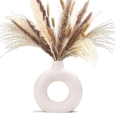 Vaas voor pampasgras, keramische vaas, witte donutvaas, ronde vorm, moderne, witte ronde vaas, abstract, bloemenvaas voor thuis en op kantoor, decoratie, beige…