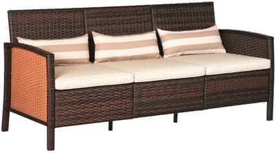 Polyrattan Tuinbank - 3 Zits - Rotanbank - Tuinmeubelen - Zitbank met Armleuningen en Kussens - Tuinligstoel - Balkonbank - Lounge Bank - Buitenbank - voor Tuin, Balkon en Terras - Rattan - Staal - Bruin