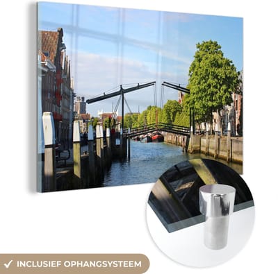 ® Glasschilderij 180x120 cm - Schilderij acrylglas - Brug - Dordrecht - Nederland - Foto op glas - Muurdecoratie woonkamer - Wanddecoratie slaapkamer - Schilderijen