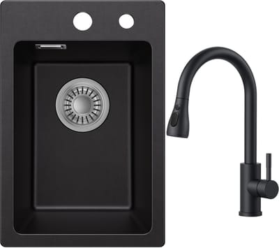 CECIPA max Spoelbak voor keuken 30x45cm - Granieten Spoelbakken Met Keukenkraan met Uittrekbare Uitloop - Enkele spoelbak Zwart - Wasbak met waterafvoersysteem