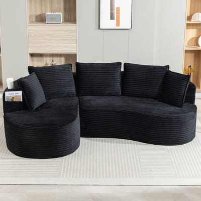 MODFU Bank - Gebogen Design Met Bekerhouders En Zijvakken - Modern - Voor Woonkamer - Cordstof - Zwart - 250 X 152 X 82 Cm