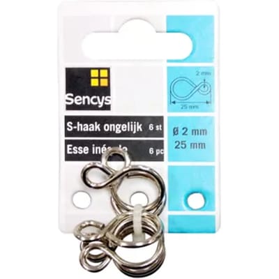 Sencys S-haak - Nikkel - Ongelijk - 2x25mm - 4 Stuks