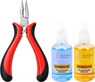 Guardian Beauty Pruikentape Remover Set - For Lace Wig Bond and Toupee Tape - Blauw, Geel - 2 stuks - 30ml - Met Microringen Gebogen Tang - Haar Extensions