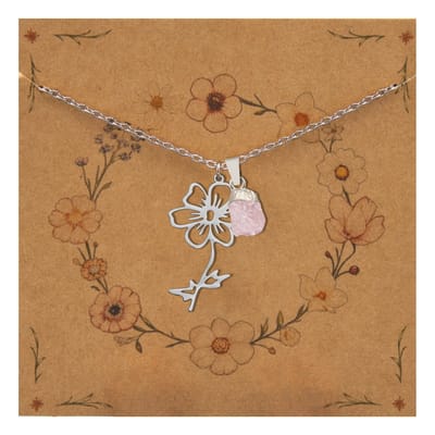 Bixorp Geboortebloem + Geboortesteen Ketting Oktober - Cosmea & Rozenkwarts - Zilverkleurig Stainless Steel - Bloem & Ruwe Edelsteen Hanger - 45+5cm