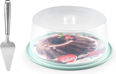 Plasticforte Taart/gebakjes bewaardoos - rond D32 x H15 cm - bodem mintgroen - met taartschep rvs 27 cm