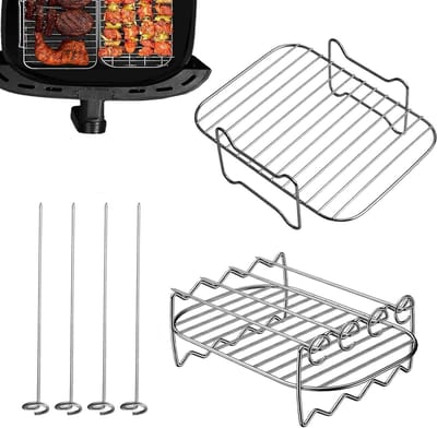 Multifunctionele Accessoires voor Airfryer - 2 Stuks Grillrooster en Bumper met Spiesen, RVS, Herbruikbaar en Duurzaam