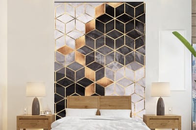 Behang - Fotobehang Abstract - Kubus - Goud - Patronen - Zwart - Wit - Breedte 180 cm x hoogte 280 cm