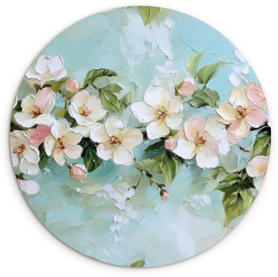WallCircle® Wandcirkel 120x120 cm - Muurcirkel Bloesem - Bladeren - Lichtblauw - Muurdecoratie woonkamer - Wanddecoratie slaapkamer - Kamer decoratie accessoires - Ronde schilderijen XXL