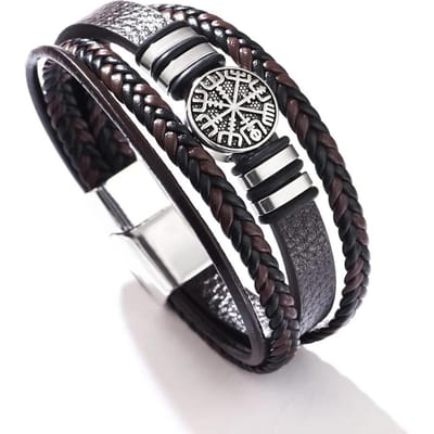 Trendy Noorse Viking Heren Armband Mode Alles-passend Meerlaags Gevlochten Leer Armbanden Schrift Kompas Verjaardagsfeest Cadeaus 21.5cm black
