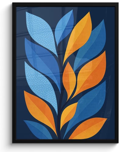 Poster in lijst - Fotolijst 60x80 cm - Posters - Abstract - Bladeren - Blauw - Posterlijst zwart - Decoratie - Wanddecoratie woonkamer - Muurdecoratie slaapkamer
