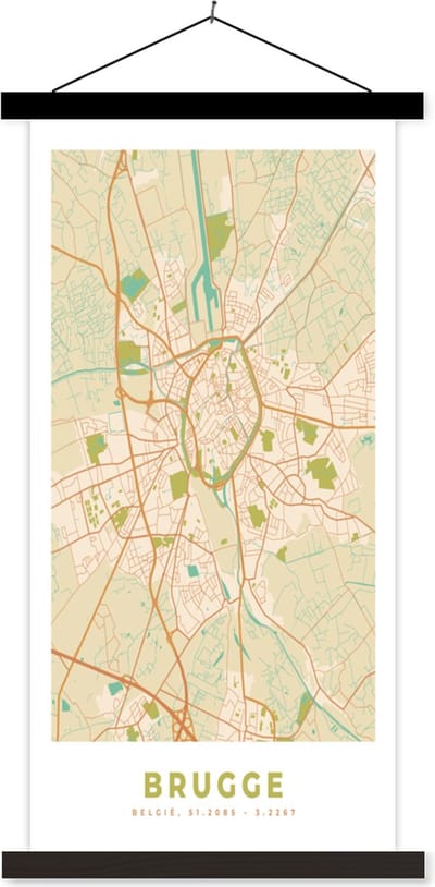 Posterhanger incl. Poster 40x80 cm - Schoolplaat - Brugge - Stadskaart - Plattegrond - Kaart - Brugge - Textielposter - Zwarte latten - Stadskaart