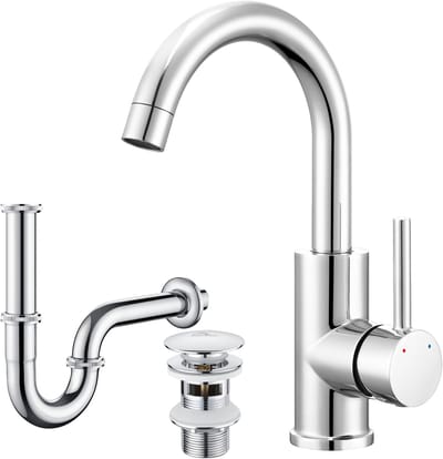 Auralum max Wastafelkraan - Chroom Badkamerkraan - Mit Pop-up Afvoerplug en Bekersifon - Waterbesparend - Mengkraan - RVS - 360° Draaibare Badkamer Kraan- Warm en Koud