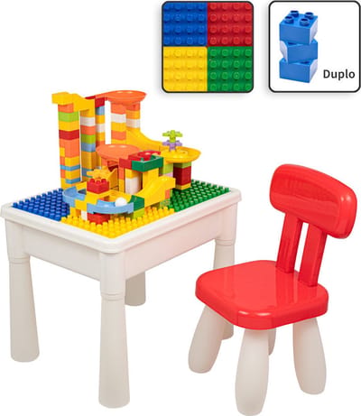 Kindertafel met 1 Stoeltje - Speeltafel met bouwplaat en vlakke kant - Tekentafel - Geschikt voor Duplo® Bouwstenen