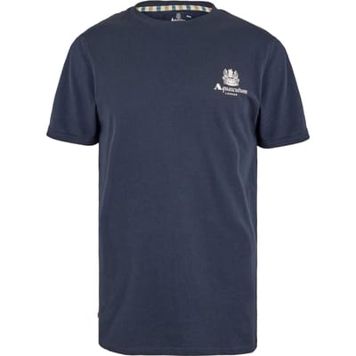 Aquascutum Heren London Borstlogo Crew Neck T-Shirt (Marine/Wit)