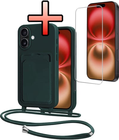 Hoes Geschikt voor iPhone 16 Plus Hoesje Pasjeshouder Cover Met Koord Case Siliconen Hoes Met Telefoonkoord en Kaarthouder Met Screenprotector - Donkergroen