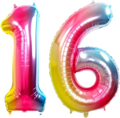 Folie Ballon Cijfer 16 Jaar Regenboog 86Cm Verjaardag Folieballon Met Rietje