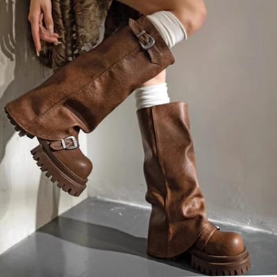 Chaussures pour femmes Mocassins Bottes pour femmes Mode Boucle de ceinture Bottes modernes Femmes Hiver Bout rond Plateforme Bottes hautes jusqu'aux genoux 37 marron