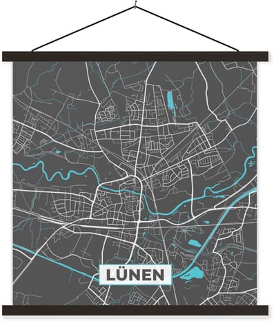 Posterhanger incl. Poster 60x60 cm - Schoolplaat - Stadskaart – Kaart – Lünen – Blauw – Duitsland – Plattegrond - Textielposter - Zwarte latten - Stadskaart