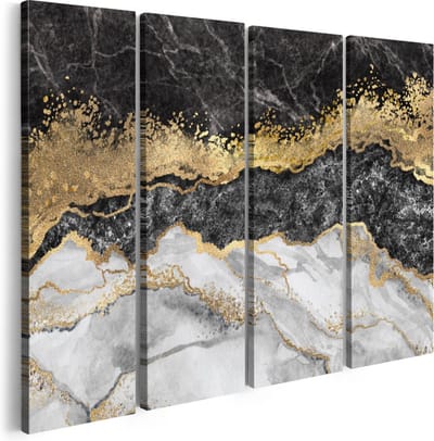Artaza Canvas Schilderij Vierluik Abstracte Kunst - Zwart met Witte Marmer - 160x120 - Groot - Foto Op Canvas - Canvas Print