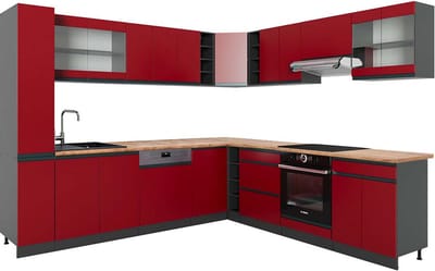 Vicco Hoekkeuken R-Line, Rood/Antraciet, 277 x 257 cm J-Shape, WB Eik