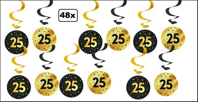 48x Luxe Swirls 25 jaar zwart/goud - dubbelzijdig bedrukt - Thema feest verjaardag party festival jubileum