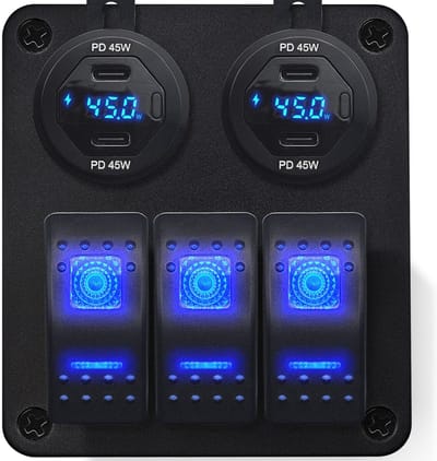 ProRide Schakelpaneel 12V voor Auto/Boot - USB C Autolader 4 Poorten met Schakelaar/Wattagemeter - 45W/QC3.0 - 3 schakelaars - Blauw