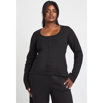boohoo Dames Plus Geribbelde Doorknoop Top met Ronde Hals en Lange Mouwen | Zwart | Maat: 44