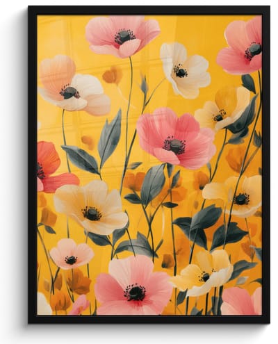 Poster in lijst - Fotolijst 50x70 cm - Posters - Bloemen - Veld - Geel - Posterlijst zwart - Decoratie - Wanddecoratie woonkamer - Muurdecoratie slaapkamer