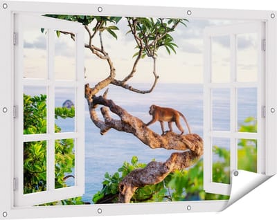 Gards Tuinposter Doorkijk Aap Klimt in een Boom aan het Water - 120x80 cm - Tuindoek - Tuindecoratie - Wanddecoratie buiten - Tuinschilderij