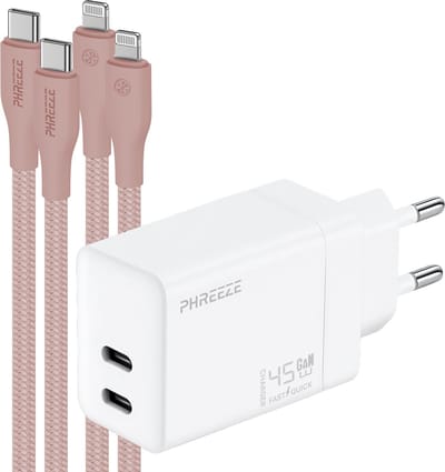 Phreeze usb C snellader geschikt voor iPhone en iPad met Lightning kabel - Dual port Power Adapter 45 W met 2 kabels 1m roze
