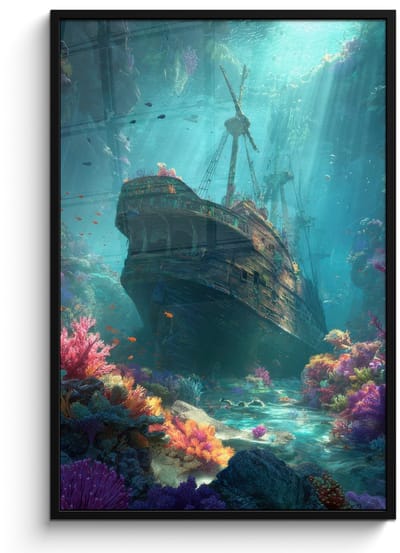 Poster in lijst - Fotolijst 80x120 cm - Posters - Schip - Hout - Koraalriffen - Zonlicht - Posterlijst zwart - Decoratie - Wanddecoratie woonkamer - Muurdecoratie slaapkamer
