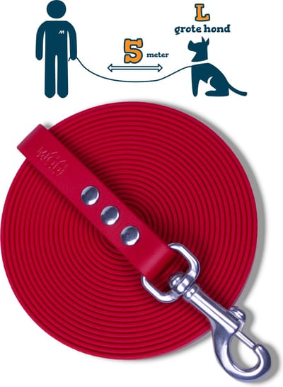 Miqdi BioThane® Sleeplijn 5 meter – zonder handvat – L/XL (19 mm) – rood – waterdicht & sterk