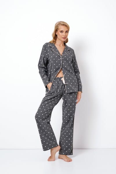 Dames Pyjama Joy-Klassiek Overhemdstijl-Lange Mouwen & Broek-Lichtroze Details-100% Katoen-Grijs-Maat L