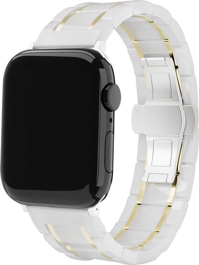 Strap-it Luxe Keramieke schakel band - Geschikt voor Apple Watch bandje - Series 1/2/3/4/5/6/7/8/9/10/11/SE/SE2/SE3 - Wit/Goud - Keramiek/metalen band met vlindersluiting - RVS iWatch bandje voor maat: 38 / 40 / 41 / 42mm