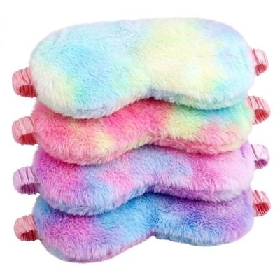 Regenboog pluche slaap masker oog masker dames en heren – 4 delige set zacht fleece slaapmasker met elastische band en kleurrijk tie dye design, bedekkend oog masker voor slapen, reizen en rustmomenten