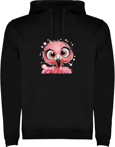 Zwarte Hoodie Kleurrijke Geweldige Flamingo - Grote Ogen - Hilarisch Roze - Cartoon - Humor Maat M