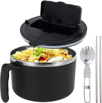 1200ml Rapid Ramenschaal met filterbaar deksel, roestvrijstalen noedelschaal met lepel en eetstokjes, BPA-vrije ramen-kookschalen met handgreep, vaatwasserbestendig, noedelschaal voor college