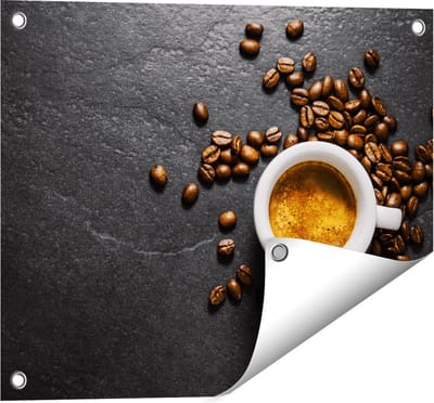 Gards Tuinposter Kopje Koffie met Koffiebonen - 50x40 cm - Tuindoek - Tuindecoratie - Wanddecoratie buiten - Tuinschilderij